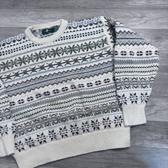 Vintage Sweater Fair Isle Knit 90s USA Made Cotton Size Large Hunt Club Grandpa - Picture 1 of 6